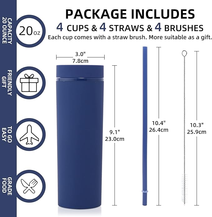 Volhoply 20oz Plastic Skinny Tumblers Bulk 4 Pack,Double Wall Tumbler with Lid and Straw,Reusable Travel Iced Coffee Mug,BPA Free Matte Acrylic Water Cups With Straw for Party,DIY Gifts(Navy, 4 Set)
