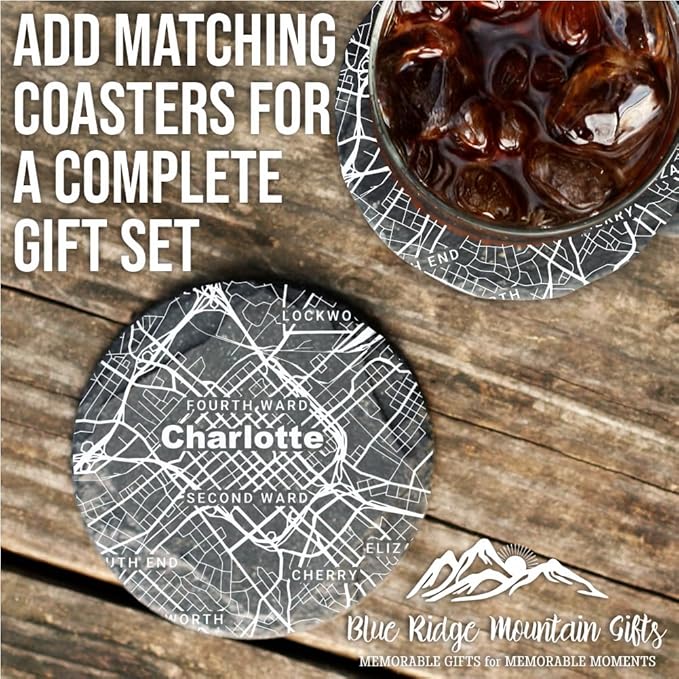Blue Ridge Mountain Gifts - Charlotte Souvenir - North Carolina Glassware Gift, Etched City Map, Laser Engraved and Dishwasher Safe