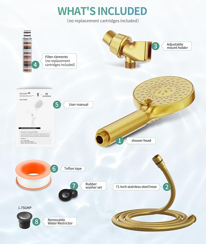Filtered Shower Head with Handheld, High Pressure 9 Spray Mode Brushed Gold Showerhead with Filters, Detachable Shower Head, Water Softener Filters Beads for Hard Water - Remove Chlorine