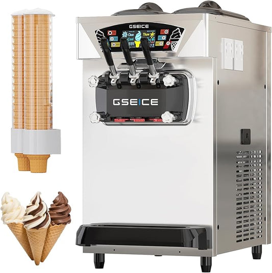 Commercial Ice Cream Maker, 6.8-8.4 Gal/H, 2*8L Hopper 110V 2500W Countertop Soft Serve Ice Cream Machine, 3 Flavors Puffing Alarm Pre-Cooling For Shops Cafes Dessert Stores, Auto Clean & Touch Screen