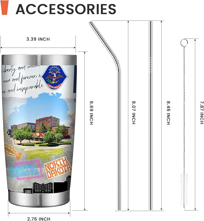 20oz Insulated Tumbler North Dakota State Coffee Mug, United States Map Travel Mug Landmark, Birthday Gifts Cute Custom Tumbler Cups with Lid and Straw Gifts for Mom