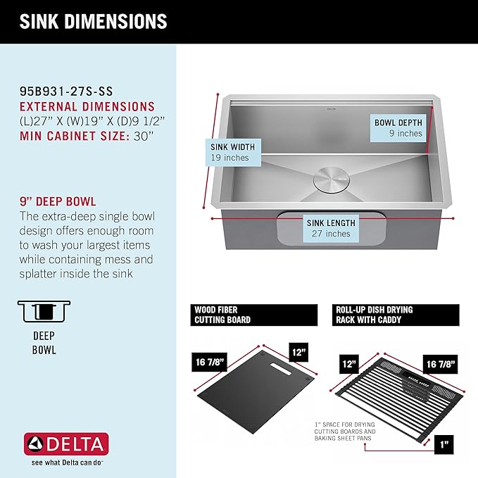 DELTA FAUCET Rivet 27-Inch Workstation Kitchen Sink Undermount 16 Gauge Stainless Steel Single Bowl with WorkFlow Ledge and Chef’s Kit of 6 Accessories, 95B931-27S-SS