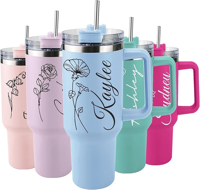 Personalized 40 Oz Tumbler with Handle and Straw, Custom Cup with Name & Birth Flower, Stainless Steel Travel Coffee Tumbler,Personalized Christmas Birthday Gifts for Women, Teen Girls