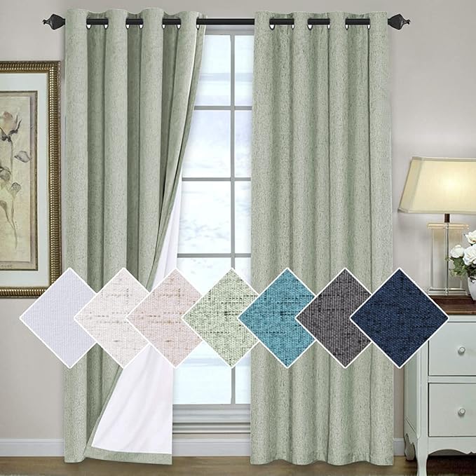 H.VERSAILTEX 100% Blackout Curtains for Bedroom 84 Inches Long Grommet Linen Face Full Light Blocking Curtain Drapes for Living Room Thermal Linen Look Curtains 2 Panels Set, 52" W x 84" L, Sage