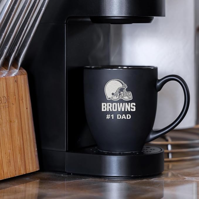 Rico Industries NFL Football #1 Dad 15oz Laser Engraved Matte Black Ceramic Bistro Mug - for Hot or Cold Drinks