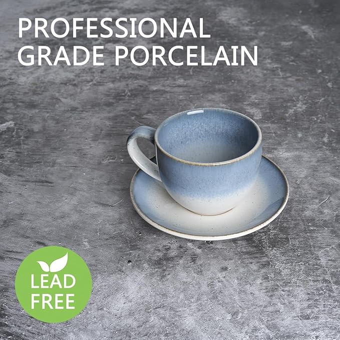 Bosmarlin Ceramic Cappuccino Cup and Saucer Set of 2, 10 Oz, Dishwasher and Microwave Safe, Coffee Cups for Latte, Espresso, Tea, Reavtive Glaze (Blue)