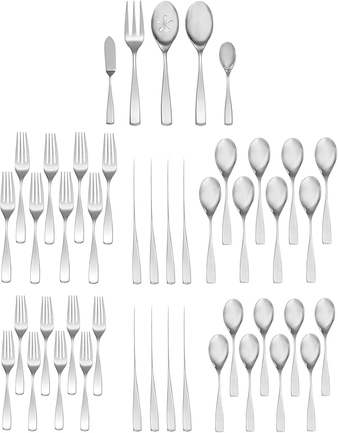 Nambé Anna Flatware Set by Lou Henry – 45-Piece, Stainless Steel Silverware for 8 with Serving Tools – Contemporary Tapered Handles & Flower Cutout Design, Easy to Maintain & Built for Everyday Use
