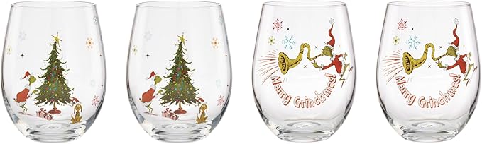 Lenox 896895 Merry Grinchmas Glass Tumblers, Set of 4, Assorted, Christmas Drinkware, Holiday Hosting