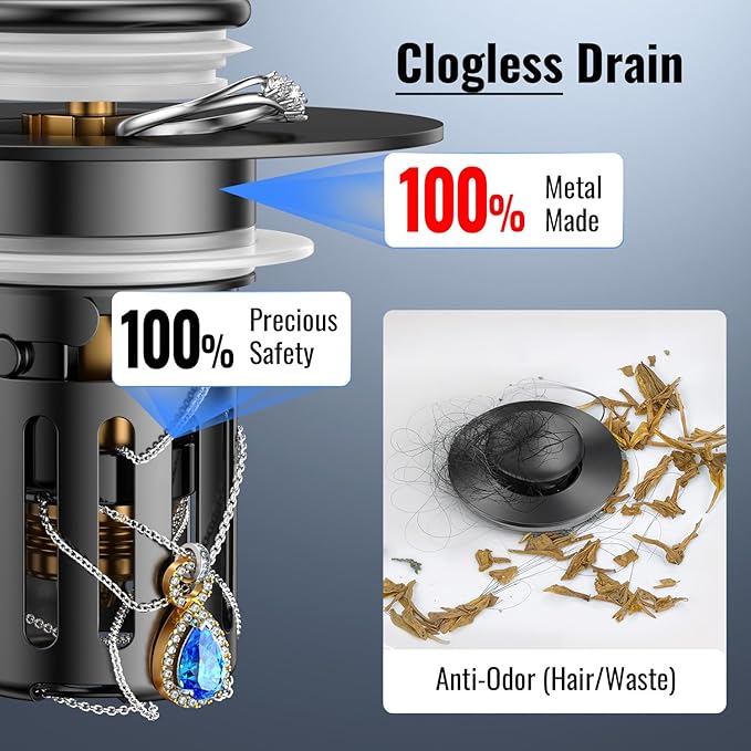 (2 Pc) Bathroom Sink Stopper-All Metal Sink Stopper-Universal Fit 99% Bathroom Stopper with Removable Stainless Steel Hair Catcher- Basin (1.1'' to 2.36'' inch) - Black