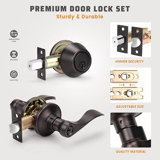 KNOBWELL 1 Pack Keyed Alike Entrance Door Lever Handle Exterior Door Lock Set with Single Cylinder Deadbolt, Front Handle Lever with Deadbolt, Reversible for Right and Left Handing Doors