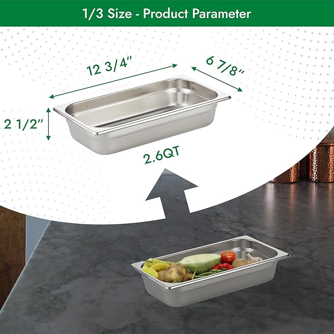 HECMAC 6 Pack Anti-Jam Hotel Pans, 1/3 Size 2 1/2 Inch Deep, Commercial Stainless Steel Chafing Steam Table Pan, Catering Storage Metal Food Pan, 23 Gauge