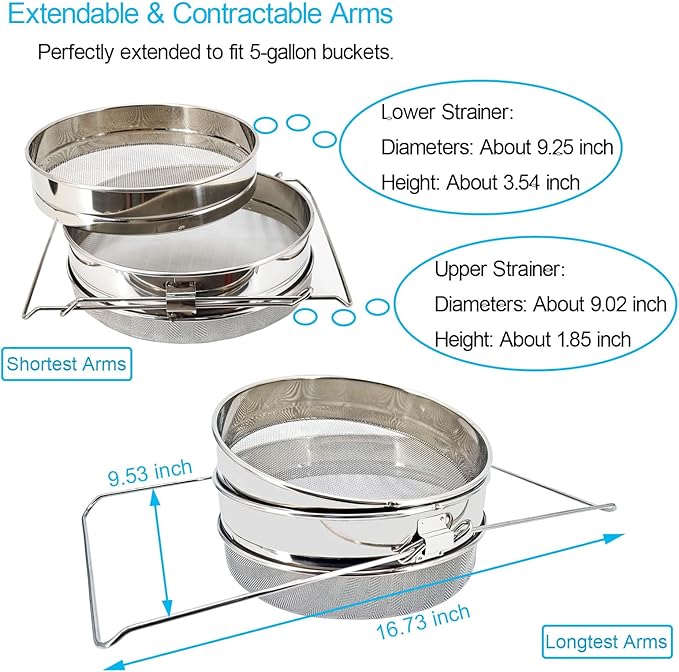 Double Sieve Honey Strainer for 5 Gallon Bucket Stainless Steel Honey Filter with Up to 16.5 inches Extendable Arms Honey Processing Equipment