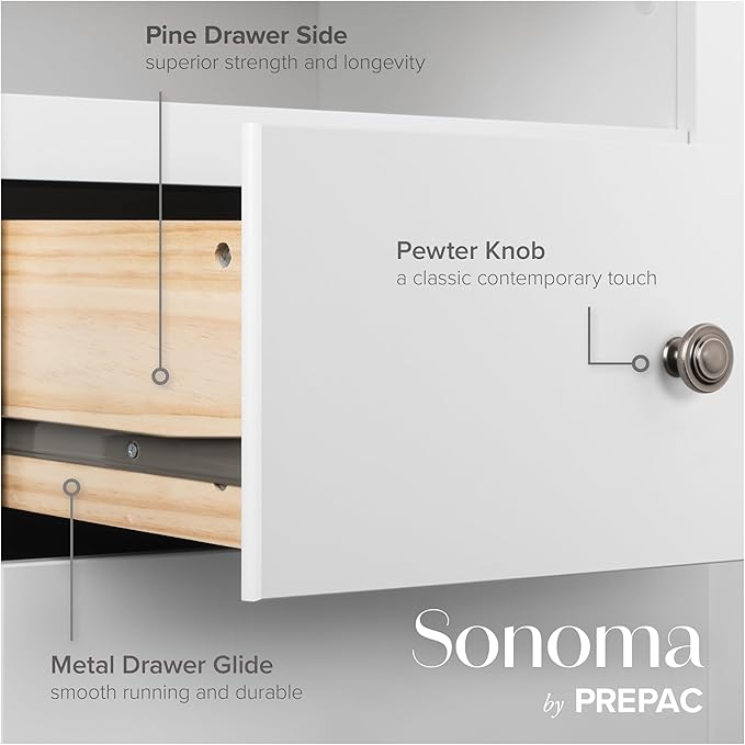 Prepac Sonoma 6-Drawer Double Dresser for Bedroom, Wide Chest of Drawers, Traditional Bedroom Furniture, 59" wide x 17.5" deep x 29" tall, White
