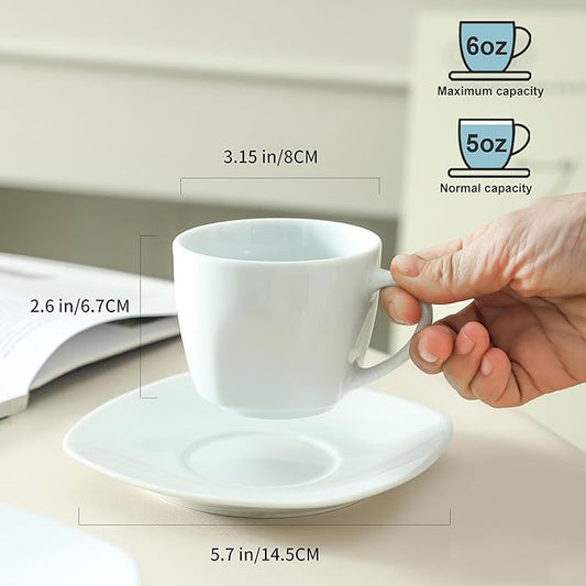 6.5 Ounce Porcelain Espresso Cups and Saucers Set of 6, Ceramic Cappuccino Demitasse Mugs Square Stackable Coffee Cup with Saucer Set for Coffee Drink, Espresso, Latte, Cafe Mocha and Tea Party, White