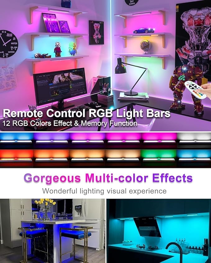 Diomart Under Cabinet Lighting Wireless, RGB Rechargeable Motion Sensor Light Indoor Night Lights, 58 -LED Remote Control Under Counter Lightis for Kitchen, Wardrobe, Hallway, Stairs, Desk(4 Pack)