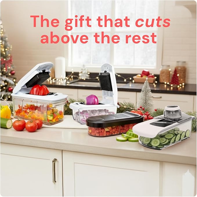 Fullstar Mandoline Slicer for Kitchen, Fruit Cutter, Cheese Grater, Cucumber Slicer, Veggie Spiralizer, Food Cutter & Kitchen Gadgets & Gifts with Safety Glove (6 in 1, White)
