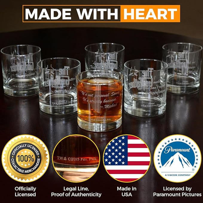 Official Godfather Etched Whiskey Glass - with Logo & Quote ''Don't ask me about my business'' - Premium Quality, Handcrafted Glassware, 11 oz. Perfect Collectible Rocks Glass