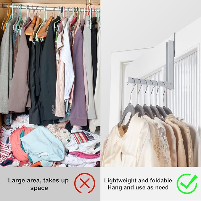 2 Pack Over The Door Hooks Hanger for Clothes, Foldable Over The Door Drying Rack for Laundry, Overdoor Hanger Hook with 6 Groves for Towel, Coat, White