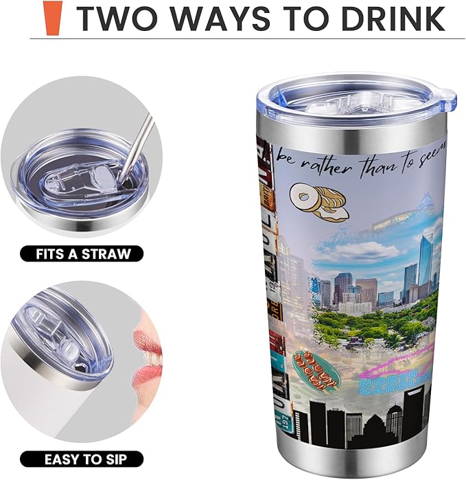 20oz Insulated Tumbler North Carolina State Coffee Mug, United States Map Travel Mug Landmark, Birthday Gifts Cute Custom Tumbler Cups with Lid and Straw Gifts for Mom
