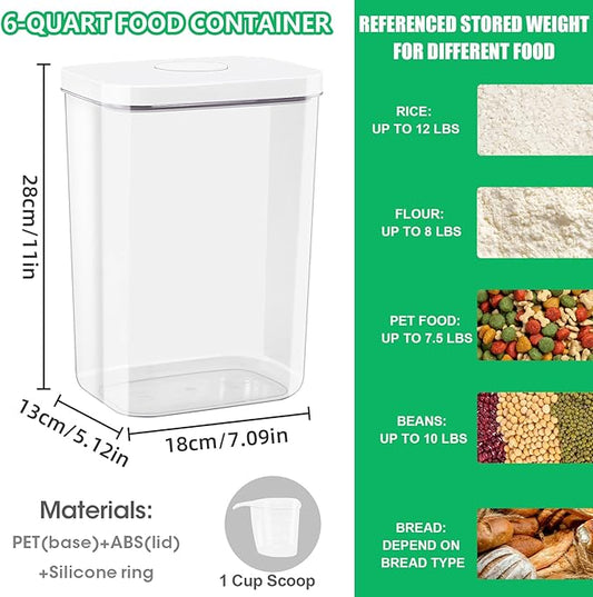 Airtight Flour Rice Storage Container with Pop-up Lid - 6 Qt | 11 Lbs Crystal-Clear Plastic Bread Container, Tall and Slim Storage Bin Fit for Kitchen Pantry Organization