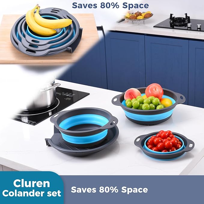 Collapsible Colander Set with Universal Draining Tray | 3-Pack Foldable Kitchen Strainers + Base | Space Saving for Pasta, Veggies, Fruit & Rice | 5 Colors (Gray-Blue)