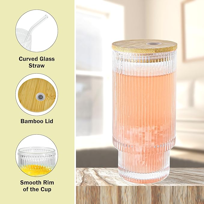 8 Pcs 11oz Drinking Glasses Cups Set with Bamboo Lids Straws Brush Small Vintage Hobonail Ribbed Glassware Set for Juice Iced Coffee Cocktail Whiskey