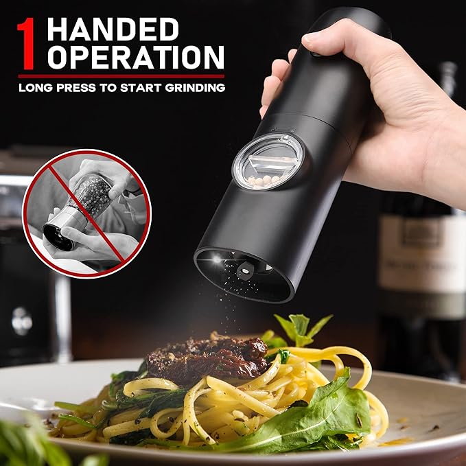 Electric Salt and Pepper Grinder Set of 2, Automatic Pepper Mill,USB Rechargeable, Adjustable Coarseness, One-handed Operation, Ceramic Burr, Refillable, Auto Grinders with Charging Base LED Light