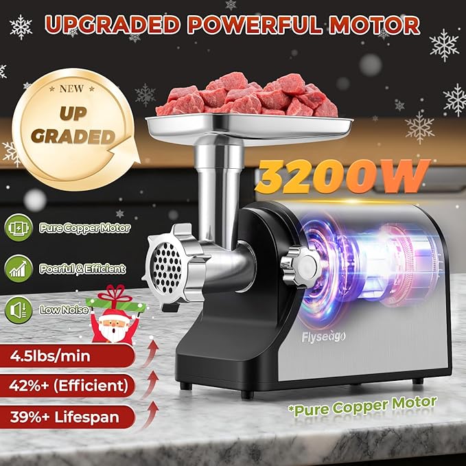 Electric Meat Grinder 3200W Heavy Duty Commercial Meat Grinders, Sausage Stuffer, Kubbe Kit with 2 Cutting Blades, 3 Grinding Plates, 3 Sausage Tubes, Metal Gearbox Meat Grinder for Home Use