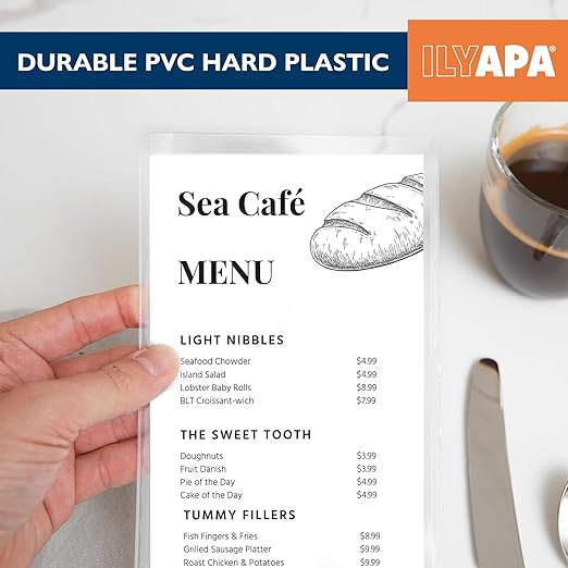 Ilyapa Restaurant Menu Covers 4.25 x 11 Inch - 30 Pack, Single Page, 2 View Clear Sleeves Holder for Restaurant, Durable PVC Hard Plastic Menu Holder