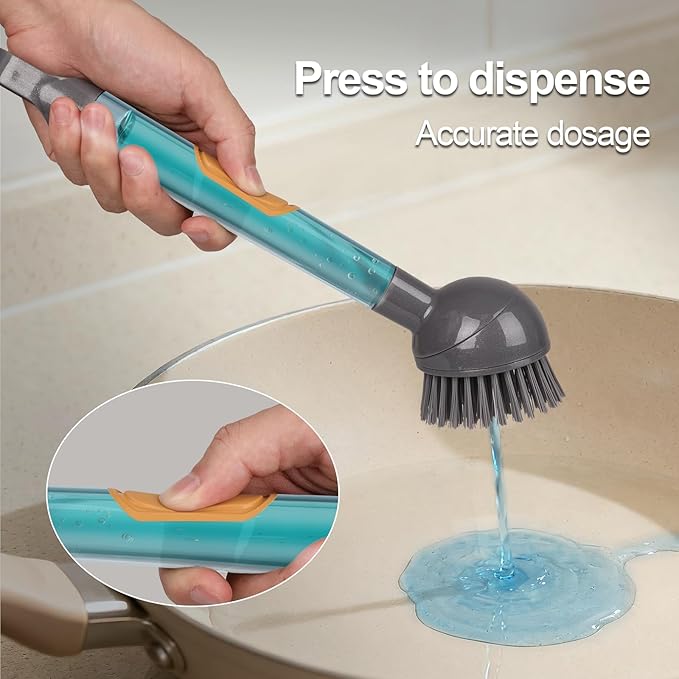 Soap Dispensing Dish Brush Storage Set with 360° Rotating Head, Kitchen Brush with 2 PCS Different Brush Heads & 3 PCS Sponges, Dish Brush Set with Handle for Dishes, Sink, Pans, Pots