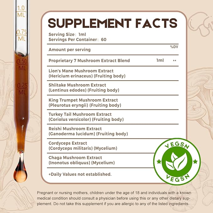 Vegan Immune Mushroom Tincture Supplement,7 in 1 Mushroom Extract Liquid Drops with Lion's Mane,Shiitake,King Trumpet,Turkey Tail,Reishi,Chaga & Cordyceps 2 fl oz (60 Servings)