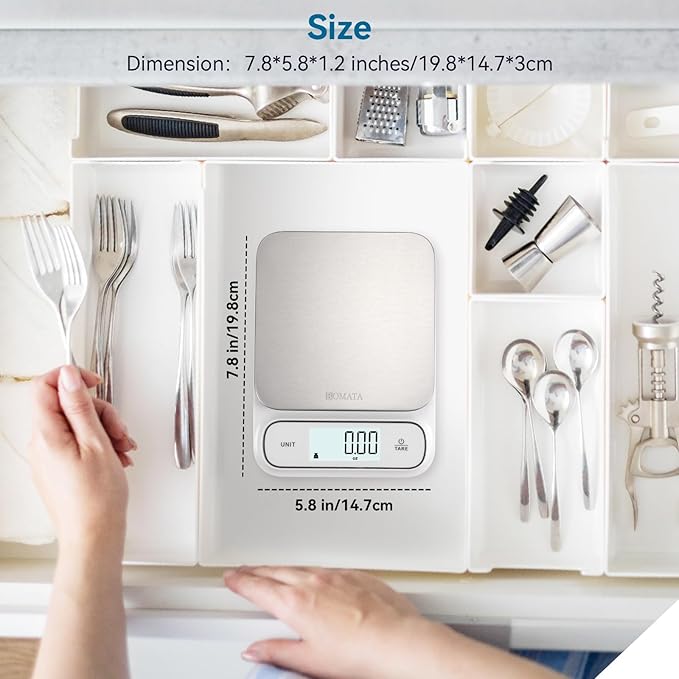 BOMATA Waterproof IPX6 Kitchen Scale, 0.1 g/0.01 oz High Precision, 5 kg/11 lbs, Digital Scale with Backlight, Stainless Steel Weighing Platform, for Food, Cooking, Baking, Weight Loss.. B619, Milky
