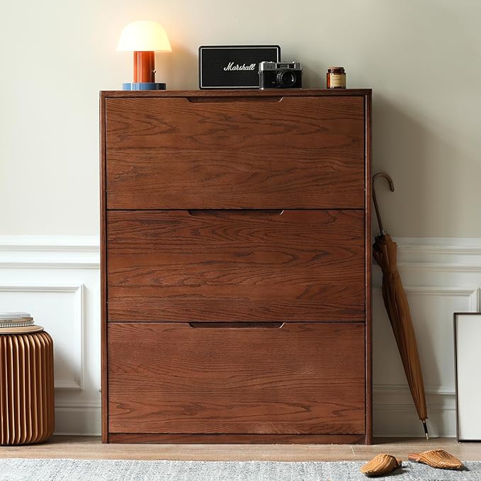 Oak Shoe Cabinet with 3 Flip Drawers, Solid Wood Shoe Storage Cabinet, Narrow Shoe Organizer for Entryway, 7.9" x 33.5" x 45.7", Oak Wood, Walnut