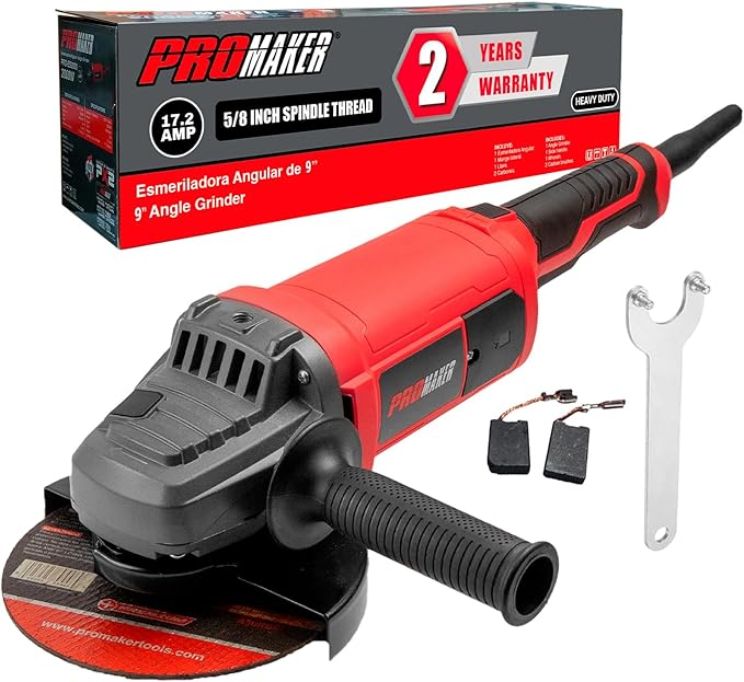 PROMAKER 9 inch Angle Grinder, 17.2 AMP, 6300 RPM, Industrial Electric Angle Grinder with 2 Extra Carbon Brushes, the rear and side handle can rotate, 2 Years Warranty.
