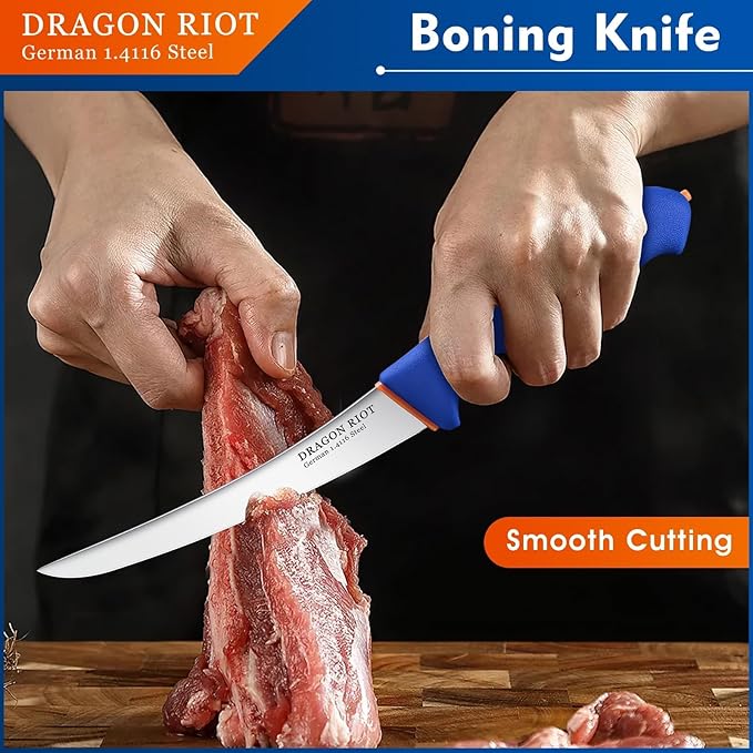 DRAGON RIOT 4 Piece Butcher Knife Set Brisket Trimming Set Include 6" Boning Knife, 6" Skinning Knife, 10" Butcher Breaking Knife and 10" Sharpening Steel