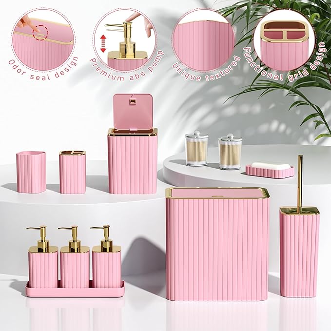 Bathroom Accessory Set - Bathroom Set, 27PC Bathroom Accessories Set, Pink Bathroom Sets with Shower Curtain and Rugs, Mini Trash Can, Toilet Brush, Trash Can & Soap Dispenser