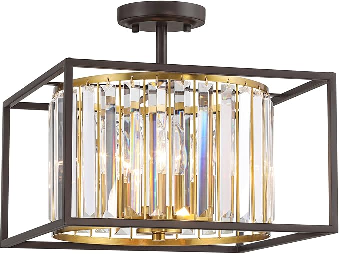 Possini Euro Design Milne 14" Modern Semi Flush-Mount Ceiling Light Fixture Kitchen Foyer Hallway Round 4-Light Brown Bronze and Brass Finish Crystal Bedroom Bathroom Entryway Living Room Small