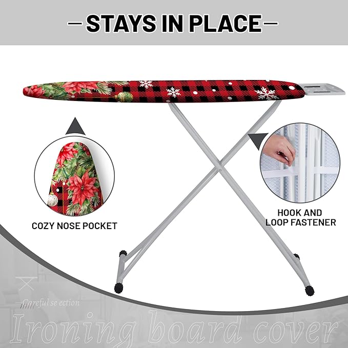 Extra Thick Ironing Board Cover and Pad,Christmas 15x54 Ironing Board Cover, Resist Scorching and Staining,Christmas Snowflake Pine Tree Ball Xmas Red Black Check