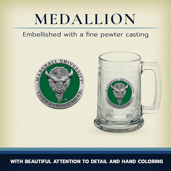 Heritage Pewter Marshall University Beer Stein Glass | 15 Ounce German-Style Beer Glass | Intricately Crafted Metal Pewter Alma Mater Inlay