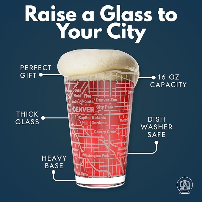 Greenline Goods – Denver, CO Map Pint Beer Glasses (Set of 2), 16 oz – Etched Wrap Design