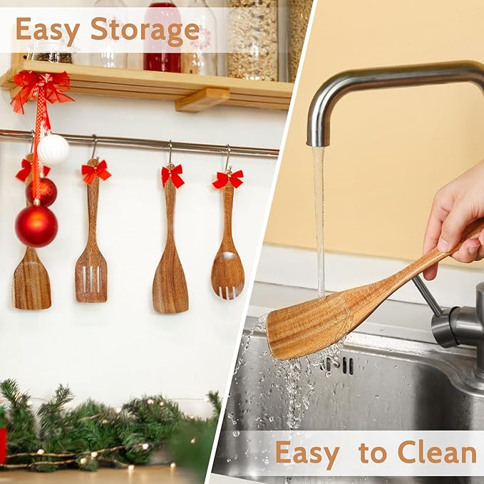 Pleafind Natural Teak Wooden Utensil Set - 9 Pcs, Wooden Spoons for Cooking, Wooden Cooking Utensils Set with Holder ＆ Spoon Rest, Soft Comfort-Grip Wood Kitchen Utensil Set for Non-Stick Cookware