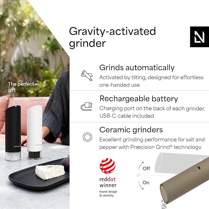 LARS NYSØM Gravity Grinder - Electric Salt & Pepper Grinder Set - USB-C Rechargeable Automatic Spice Grinder, Adjustable Coarseness, One-Handed Operation for Kitchen (Brown/Beige)