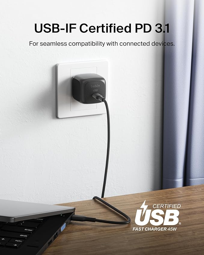 Belkin USB C Charger Block 45W - PD3.1 PPS Super Fast Charging - Samsung Galaxy S25, S24, Apple iPhone 17, Air, Pro, Pro Max, AirPods, Apple Watch, Google Pixel 10, Nintendo Switch, etc - Black