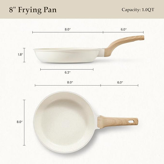 CAROTE Non Stick Frying Pan Skillet, Omelet Pan, Healthy Non Toxic Granite Chef Pan, Induction Compatible Egg Frying Pan with Heat-Resistant Handle, PFOA-Free,Cream White, 8"