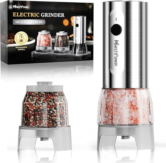 Marchpower Electric Salt and Pepper Grinder Set,1S Quick Switch, Rechargeable Stainless Steel Automatic Electric Salt and Pepper Shakers with LED Light, 200ml large-Capacity, Stepless Grind Adjustment