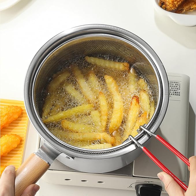 Pasta Strainer Set of 2, Stainless Steel Noodle strainer with Removable Handle Metal Pasta Strainer Basket Deep Fryer Basket, Kitchen Colander for Washing Draining Deep-frying Boiling Steaming(20cm)