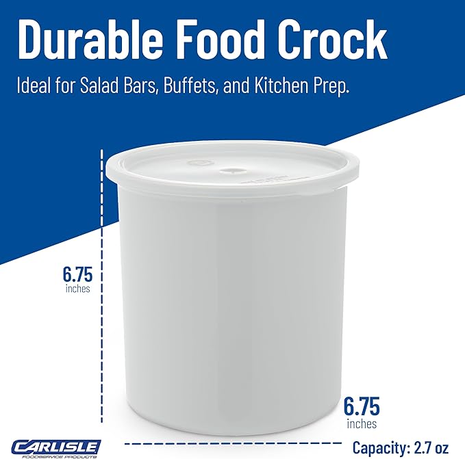 Carlisle FoodService Products Classic Round Storage Container Crock with Lid for Kitchen, Restaurants, Home, Plastic, 2.7 Quarts, White, (Pack of 6)