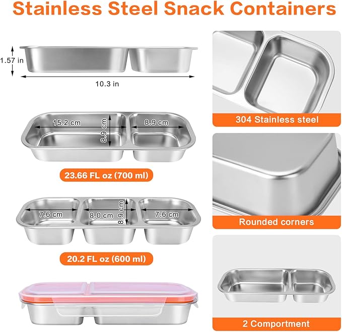 4 Pack Stainless Steel Snack Containers with Lids, 3-Compartments Reusable Lunch Box for Adults, Food Storage Containers Divided Meal Prep Box for Home, Work, Travel