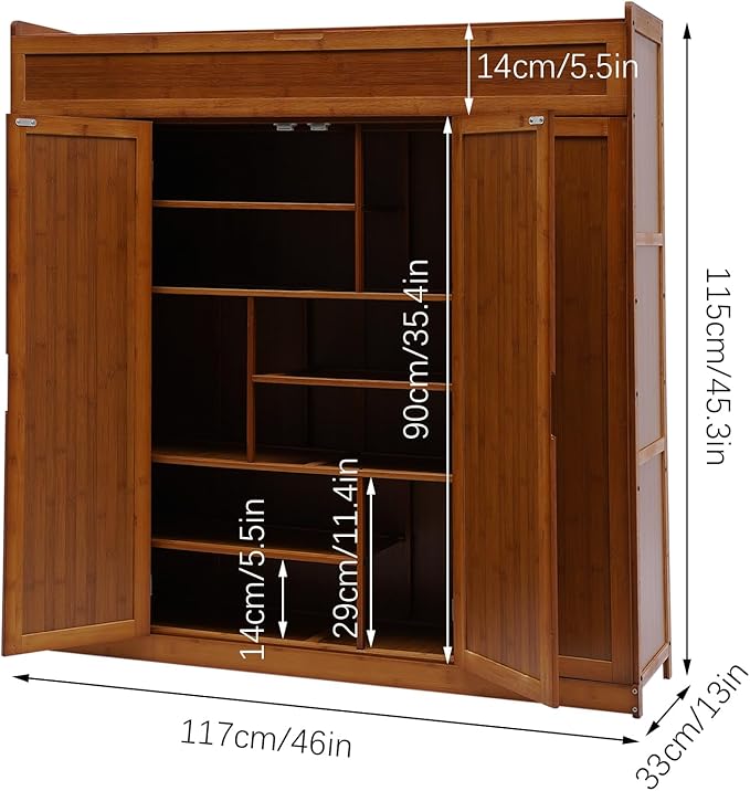 7 Tier Shoe Cabinet, 46 * 13 * 45.3in Entryway Shoe Storage Cabinet Large Bamboo Shoe Storage Cabinets Free Standing Shoes Rack with Doors for Entryway Living Room