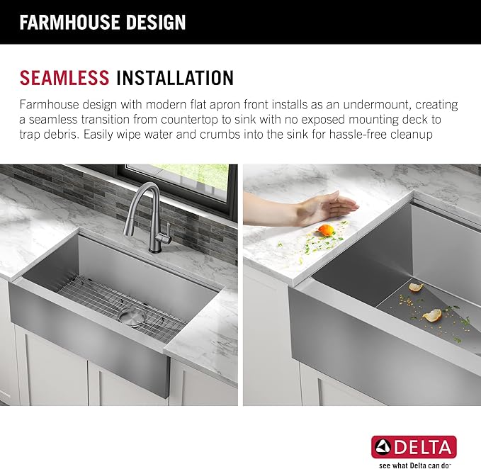 DELTA FAUCET Rivet 36-inch Workstation Farmhouse Apron Front Kitchen Sink Undermount 16 Gauge Stainless Steel Single Bowl with WorkFlow Ledge and Kit of 5 Accessories, 95C9031-36S-SS